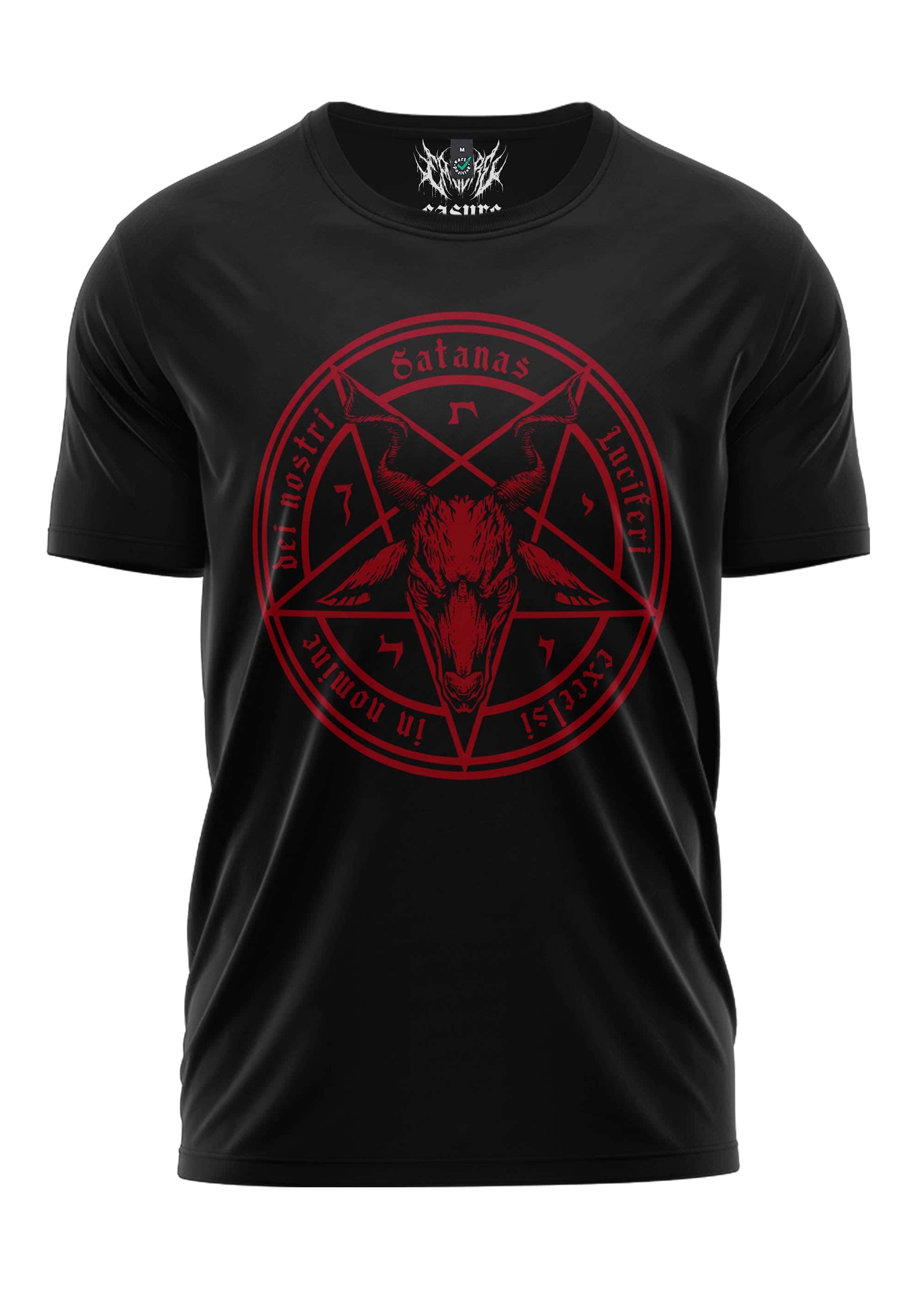 Schwarzes cotton t-shirt satanas red mit rotem pentagramm und ziegenkopf im gothic horror stil mit lateinischem text